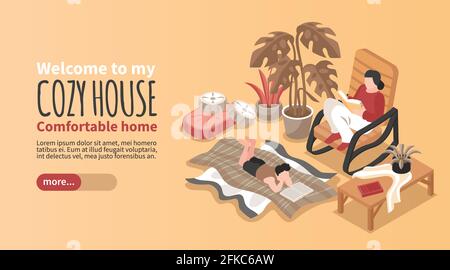 Horizontal isometric cozy house banner with two people sitting in rocking chair and lying on blanket and reading 3d vector illustration Stock Vector