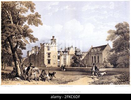 A lithotint of Penshurst Place from the Park, Kent UK scanned at high resolution from a book printed in 1858. Believed copyright free. Stock Photo