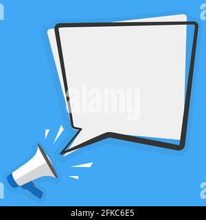 megaphone or bullhorn and large speech bubble with copy space against blue background vector illustration Stock Vector