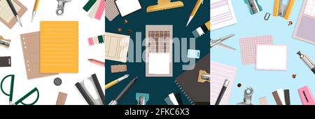 Office items design concept with scissors pencil and pen realistic isolated vector illustration Stock Vector