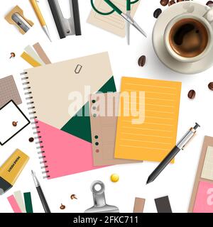 Office items seamless pattern with coffee scissors and pen realistic vector illustration Stock Vector
