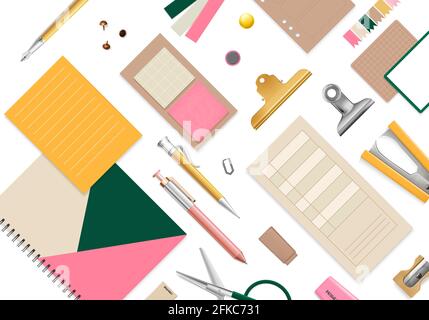 Office items seamless pattern with scissors pencil and pen realistic vector illustration Stock Vector