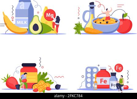 Vitamins in products concept icons set with food symbols flat isolated vector illustration Stock Vector