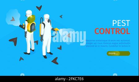 Pest control horizontal banner with exterminators of insects in chemical protective using repellents against pests isometric vector illustration Stock Vector