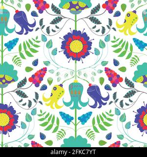 Stylized folk floral vector seamless pattern background. Vibrant color flowers in geometric layout on white backdrop. Modern intricate botanical hand Stock Vector