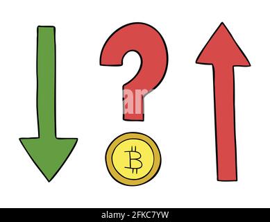 Cartoon vector illustration of cryptocurrency bitcoin with question mark and up, down arrows. Colored and black outlines. Stock Vector