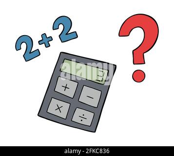 Cartoon vector illustration of calculator, wrong math and question mark. Colored and black outlines. Stock Vector