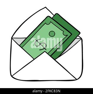 Cartoon vector illustration of dollar money in envelope. Colored and black outlines. Stock Vector