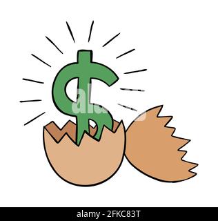 Cartoon vector illustration of broken egg and dollar money inside. Colored and black outlines. Stock Vector