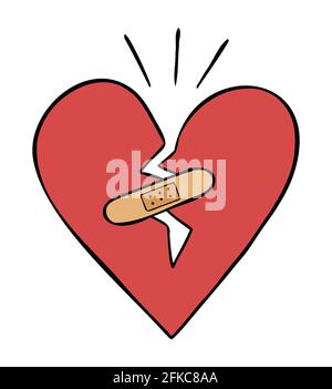 Cartoon vector illustration of broken heart and band-aid. Colored and black outlines. Stock Vector