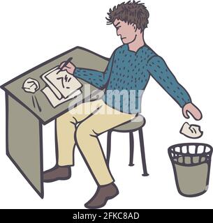 Vector illustration of man writing at the table. Angry man throwing away crumpled paper. Stock Vector