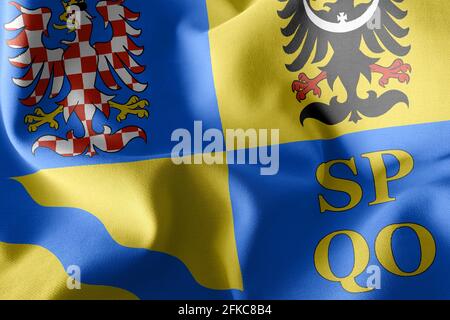 3D illustration flag of Olomouc is a region of Czech Republic. Waving on the wind flag textile background Stock Photo