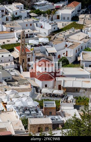 LINDOS, GREECE - OCTOBER 04, 2018: An aerial view of Lindos village on the Greek island of Rhodes. Stock Photo