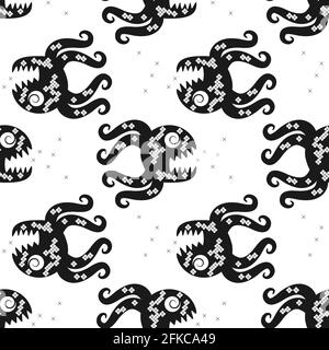 seamless octopus pattern ornament black and white background. Vector image Stock Vector