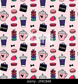Seamless pattern Paris coffee and macaroons. French style. Surface design. Vector sketch illustration stickers on black background Stock Vector