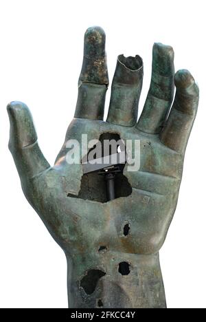 Rome. Italy. (April 2021) Fragments of the colossal bronze statue of Constantine the Great, 4th C AD, the hand has been recently restored with the add Stock Photo