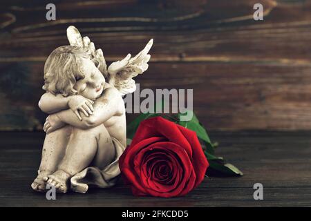 Sleeping little angel and red rose on wooden background Stock Photo