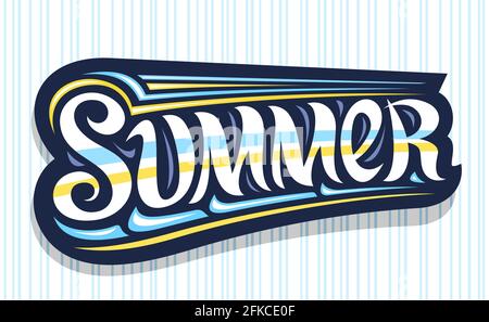 Vector logo for Summer, dark decorative badge with curly calligraphic font, illustration of art design sea waves, summer time concept with swirly hand Stock Vector