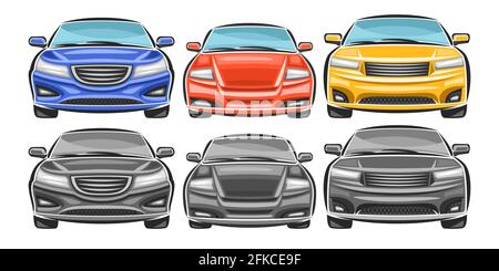 Vector set of cartoon Cars, lot collection of cut out illustrations of colorful and black and white cars on white background. Stock Vector