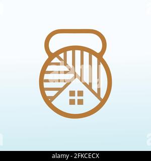 wood buildings with fitness dumbbell icon vector logo design. Stock Vector