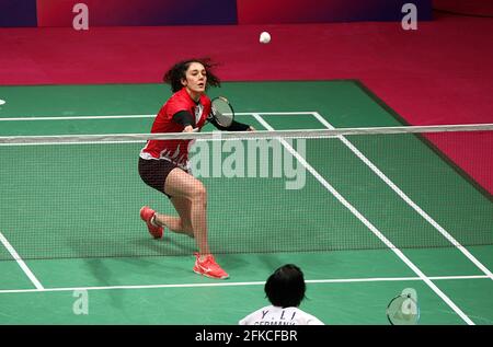 KYIV, UKRAINE - APRIL 30, 2021 - Neslihan Yigit of Turkey competes against Yvonne Li of Germany during the women's singles quarter-final match at the 2021 European Badminton Championships at the Palace of Sports, Kyiv, capital of Ukraine. Credit: Ukrinform/Alamy Live News Stock Photo