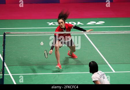 KYIV, UKRAINE - APRIL 30, 2021 - Neslihan Yigit of Turkey competes against Yvonne Li of Germany during the women's singles quarter-final match at the 2021 European Badminton Championships at the Palace of Sports, Kyiv, capital of Ukraine. Credit: Ukrinform/Alamy Live News Stock Photo