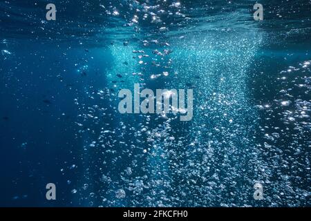 Air bubbles underwater in the ocean rising to surface, natural scene Stock Photo