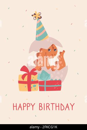 Birthday card. A small dinosaur hatched from an egg. Dino smiles, celebration, fun and gifts. Festive vector card for children. Stock Vector