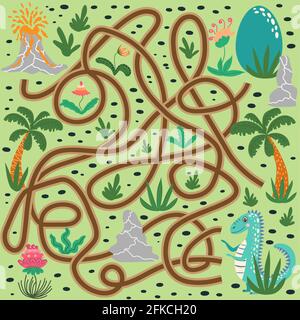 Help dinosaur find path to nest. Labyrinth. Maze game for kids. Help dino moms to find their eggs kid learning game with maze. Stock Vector