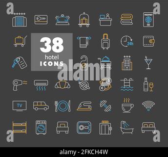 Hotel vector flat icon set on dark background. Graph symbol for travel and tourism web site and apps design, logo, app, UI Stock Vector