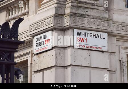 London, United Kingdom. 30th April 2021. Detail of the Downing Street and Whitehall signs in Westminster. Credit: Vuk Valcic/Alamy Live News Stock Photo