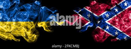 Ukraine, Ukrainian vs United States of America, America, US, USA, American, Confederate Navy Jack smoky mystic flags placed side by side. Thick colore Stock Photo