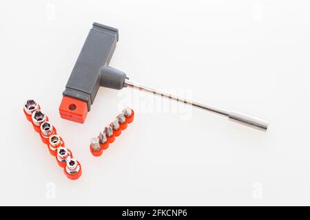Set of tools, cups and screwdrivers, isolated on white background Stock Photo