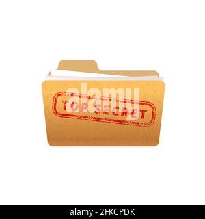 Bright yellow folder with documents and red top secret stamp isolated on white Stock Vector