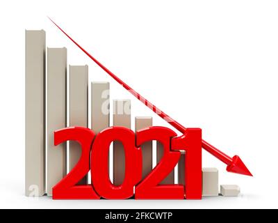 Red business graph with red arrow down, represents decrease in the year 2021, three-dimensional rendering, 3D illustration Stock Photo