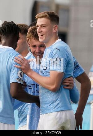 Manchester, England, 30th April 2021. Ben Knight of Manchester City celebrates during the Professional Development League match at the Academy Stadium, Manchester. Picture credit should read: Andrew Yates / Sportimage Credit: Sportimage/Alamy Live News Stock Photo