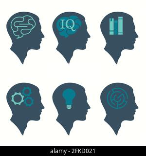 vector illustration of human profile head concept, with brain, bulb, book, labyrinth and gear icon Stock Vector
