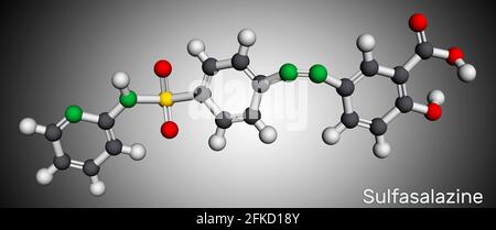 Sulfasalazine molecule. It is azobenzene, used in the management of inflammatory bowel diseases. Molecular model. 3D rendering. Illustration Stock Photo