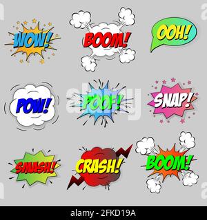Comic sound speech effect bubbles set isolated on white background vector illustration. Wow, pow, bang, crash, boom, ooh, smash, snap, poof lettering. Stock Vector