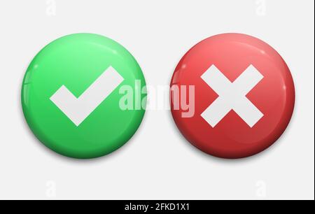 Tick and cross signs. Green checkmark OK and red X icons, isolated on white background. Template for your design Stock Vector