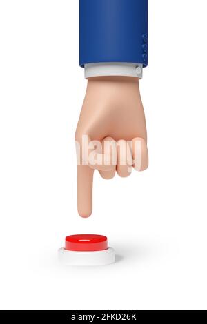 Cartoon hand pushing a red button isolated on white background. 3d illustration. Stock Photo