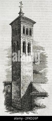 Spain. Toledo. Tower of the Church of San Román. Built in the 13th century in Mudejar style. Engraving. Historia General de España by Father Mariana. Madrid, 1852. Stock Photo
