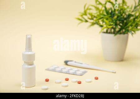 Composition with containers of dietary supplements and capsules Stock Photo