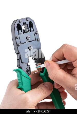 Use of  Crimp Tool cutting section tutorial image isolated on white background Stock Photo
