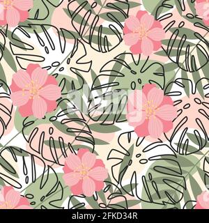 Seamless pattern of green leaves, pink flowers and contours of palm leaves on an abstract background of colored spots. Natural landscape banner. Stock Vector