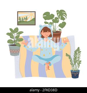 The girl does yoga at home during quarantine. Beautiful cartoon illustration with home yoga. Health care. Yoga lotus pose. Meditation practice. Stock Vector