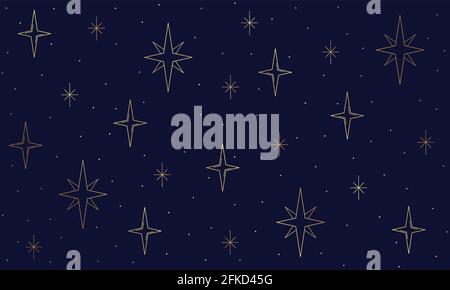 Vector wallpaper night blue sky with golden stars. Line art and dots Stock Vector