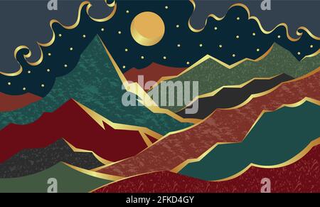Luxury golden illustration abstract night mountain valley with moon and stars Stock Vector