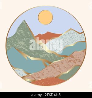 Round luxury golden pastel illustration abstract minimalistic mountain valley Stock Vector