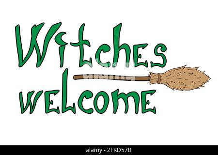 Witches welcome halloween phrase with broom Stock Vector